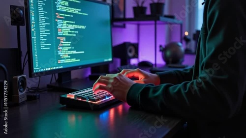 Developer Writing Code in Neon-Lit Workspace at Night