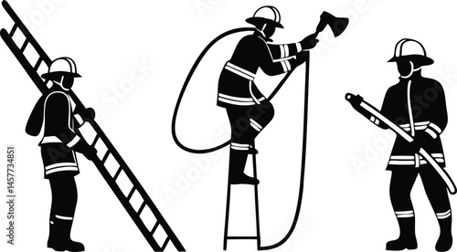 Vector silhouette set of firefighters in action illustrating emergency rescue and response situations