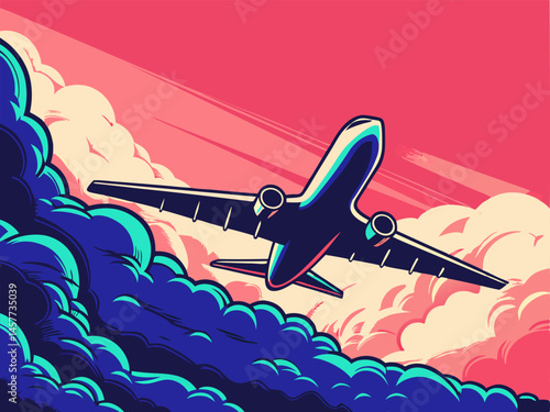 Airplane Flying Above Clouds, Sunset View, Travel Illustration