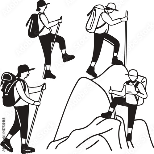 Vector set of hiking silhouettes depicting various poses for outdoor adventure and exploration