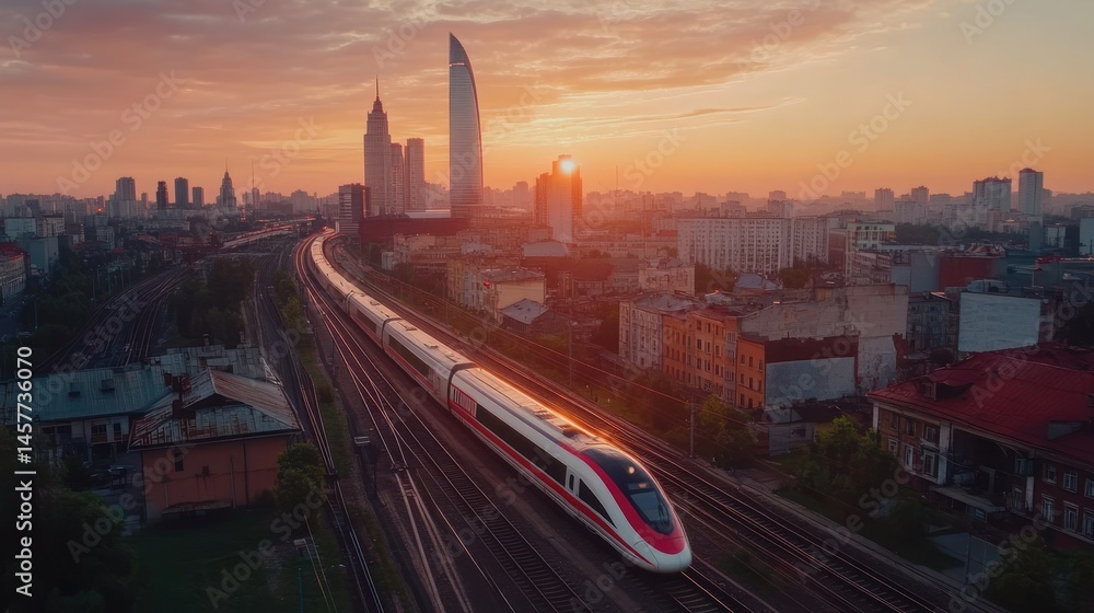 Fototapeta premium High speed train at sunrise urban landscape modern architecture railway travel