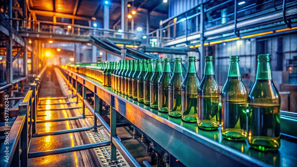 Naklejka premium Low Light Industrial Conveyor Belt with Glass Bottles - Stock Photo