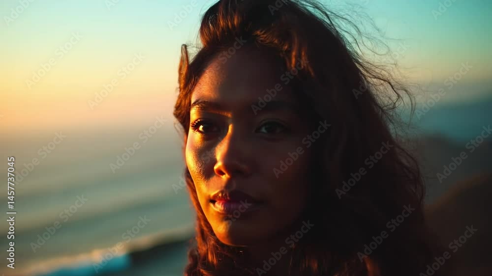 Woman looks past camera at sunset, wind in hair. Push in. 4K.
