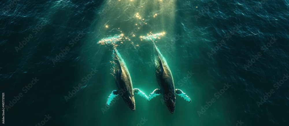 Fototapeta premium Two humpback whales swim together in sunlit ocean water.