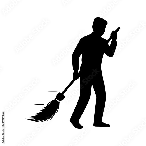 Silhouette Cleaning Man with Broom