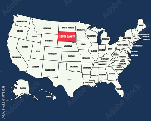 Detailed USA map with state names, highlighting South Dakota, ideal for education, travel, and geography use