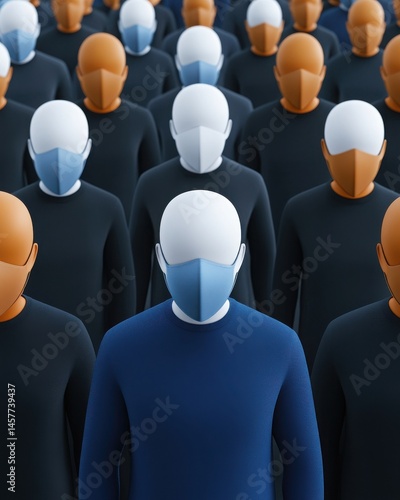 3D Render of a Crowd of People Wearing Protective Masks