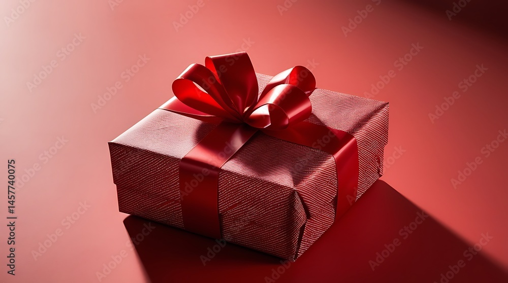 Obraz premium Elegant red gift box with shiny satin ribbon under dramatic lighting, casting a soft shadow on red background, perfect for celebration, holiday, or romantic concept design 