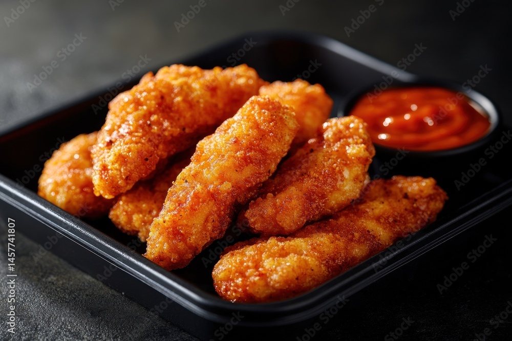 delicious crispy fried chicken tenders served with a vibrant red dipping sauce in a modern black tray against a dark background delicious crispy fried chicken tenders served with a vibrant red dipping sauce in a modern black tray against a dark background