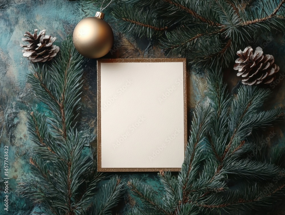 Blank Greeting Card Surrounded by Pine Branches and Decorations Blank Greeting Card Surrounded by Pine Branches and Decorations