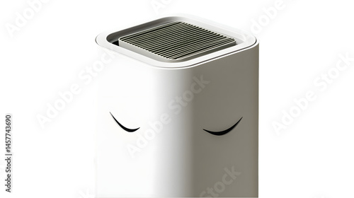 Modern, minimalist air purifier. Compact, square design with a subtle, tranquil aesthetic.  Features a vented top and stylized 
