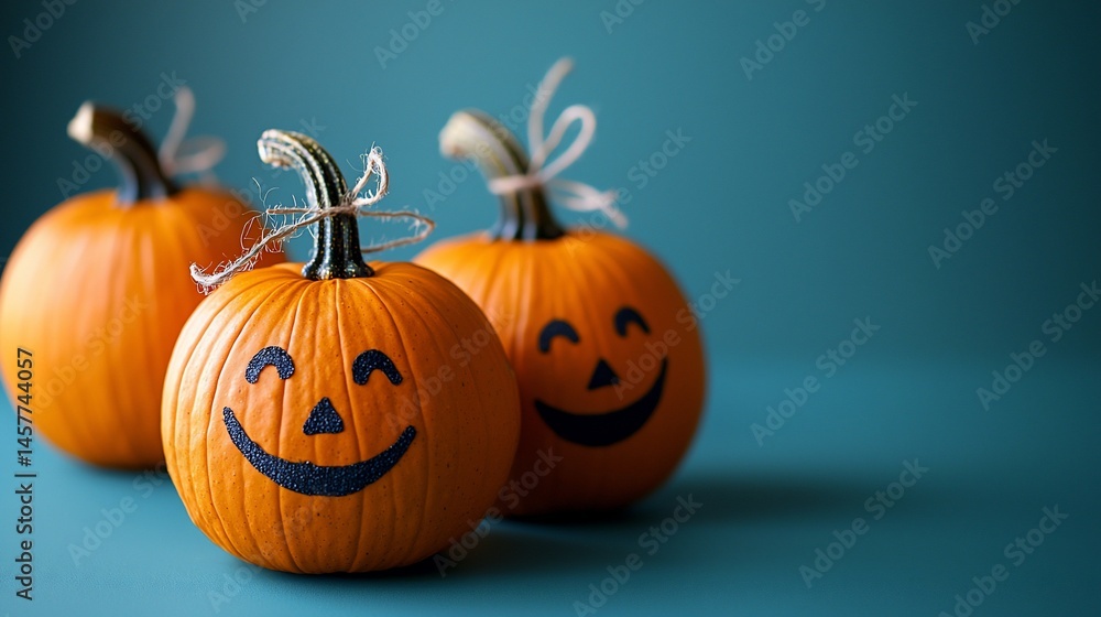 Pumpkins with happy faces on teal background Pumpkins with happy faces on teal background