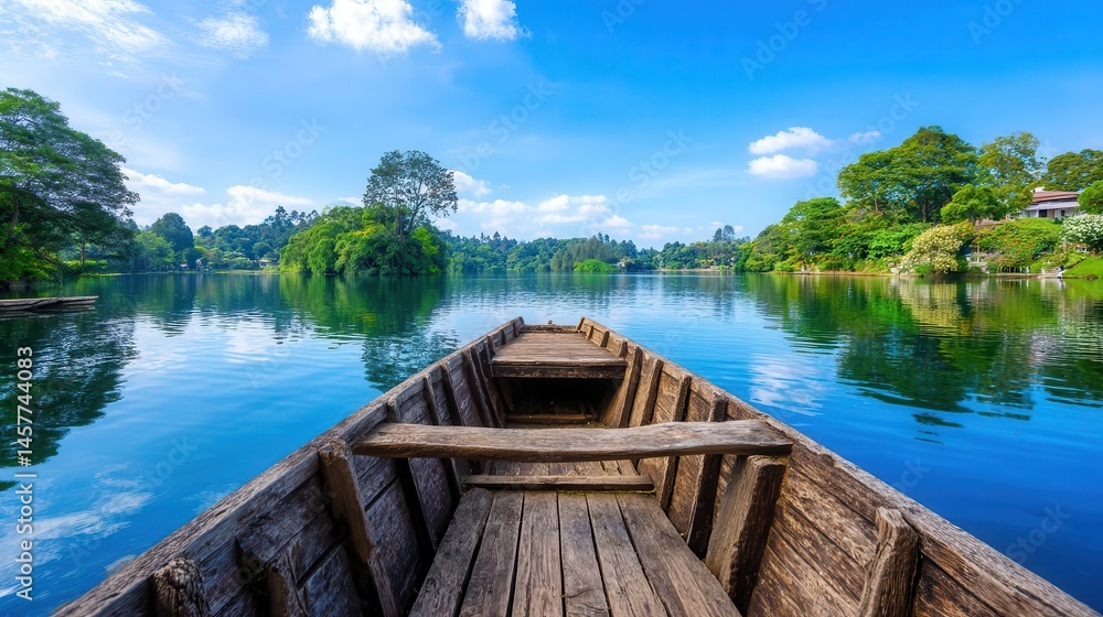Obraz premium Tranquil lake vista from a wooden boat.