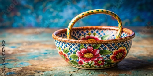 Macro Close-up of Detailed Floral Ceramic Plant Basket on Textured Surface