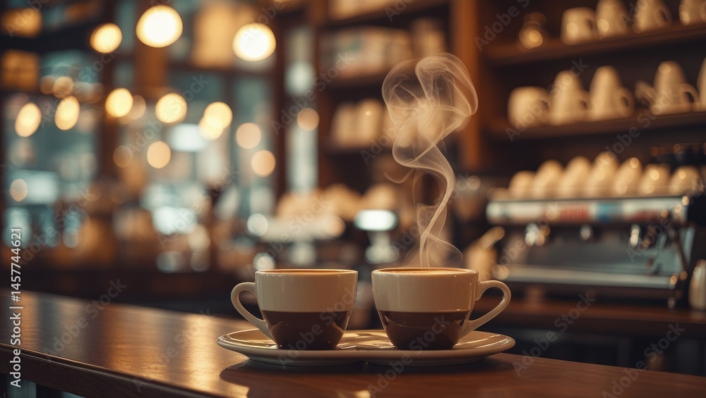 Fototapeta premium Cinematic Coffee Shop Keyframe, Vintage Film Coffee Aesthetic, Warm Coffee Shop Scene