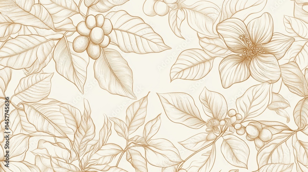 56.A seamless pattern of hand-drawn coffee leaves, beans, and flowers in delicate line art, arranged intricately over a neutral backdrop to create a nature-inspired and elegant design for wallpapers 56.A seamless pattern of hand-drawn coffee leaves, beans, and flowers in delicate line art, arranged intricately over a neutral backdrop to create a nature-inspired and elegant design for wallpapers