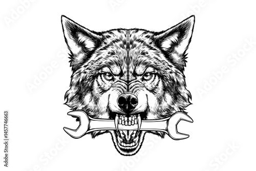 drawing illustration of a wolf biting a wrench