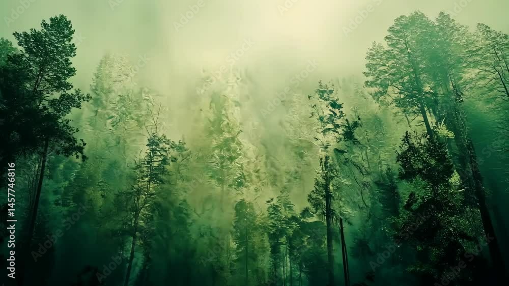 Misty, green forest scene with tall trees, shrouded in fog Misty, green forest scene with tall trees, shrouded in fog
