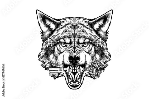 drawing illustration of wolf biting vintage key