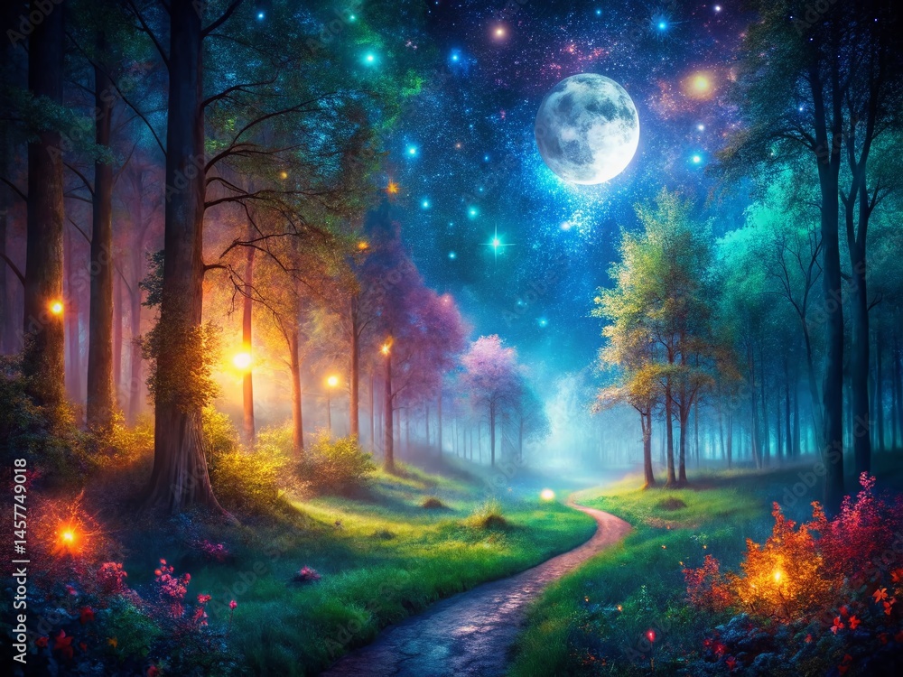 Fototapeta premium Magical Night Landscape: Drone View, Paintbrush Strokes, Enchanted Forest Wallpaper