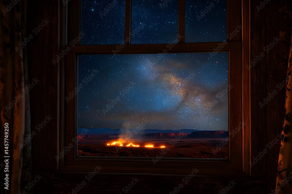 Fototapeta premium Nighttime view through a window of a landscape with fire and stars.