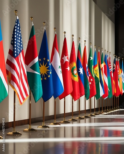 Wallpaper Mural A row of international flags representing various countries displayed in a modern conference hall, symbolizing diplomacy, global unity, political cooperation, and cultural diversity.
 Torontodigital.ca