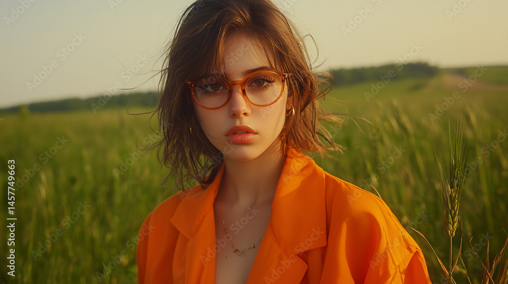 Woman in Orange Jacket Field Woman in Orange Jacket Field