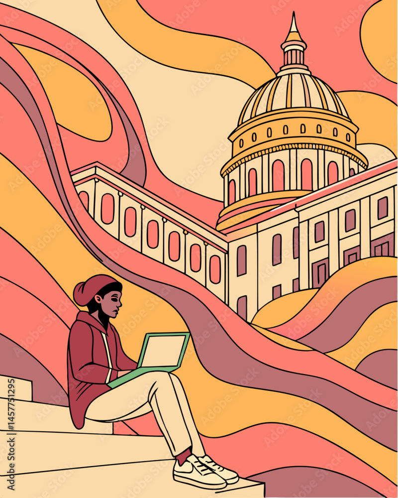 Obraz premium Surreal Digital Art Person Working on Laptop with Capitol Building Background