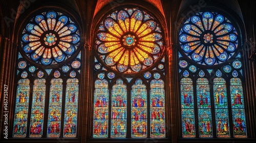 Vibrant stained glass windows depict figures and floral rosette patterns in colorful light.