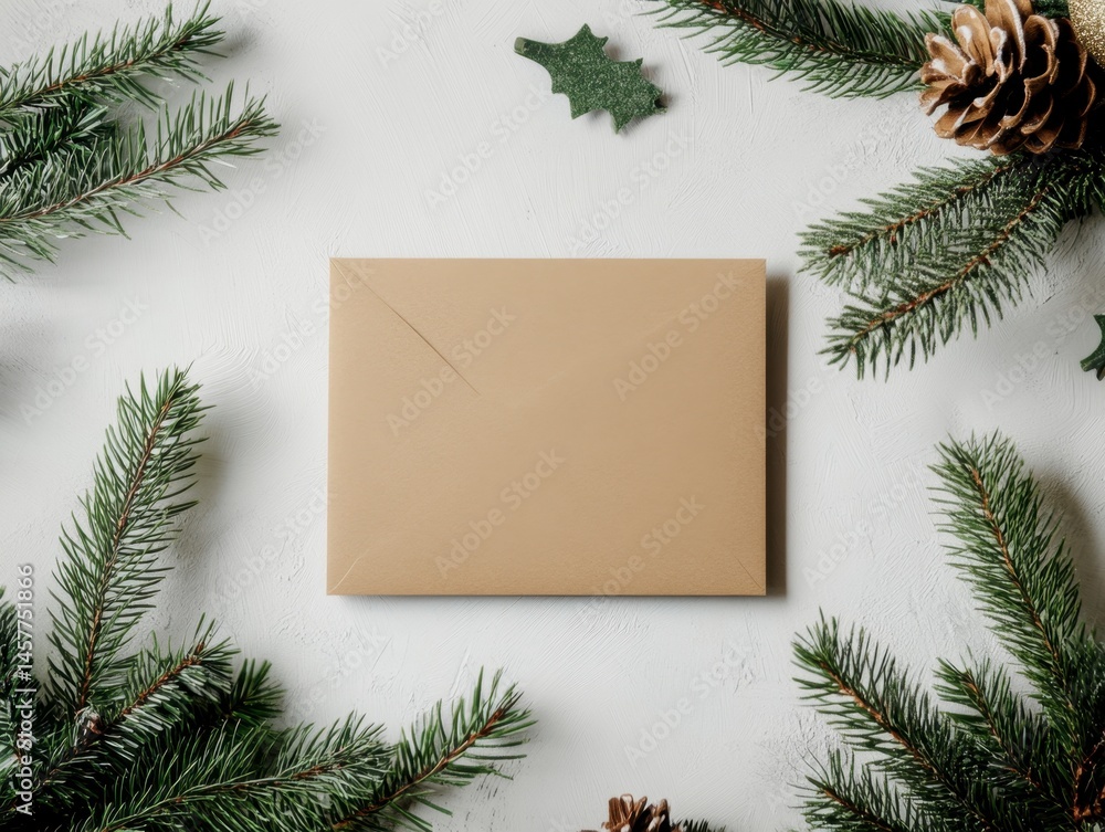 Festive Flat Lay of Brown Envelope Surrounded by Greenery and Pinecones Festive Flat Lay of Brown Envelope Surrounded by Greenery and Pinecones