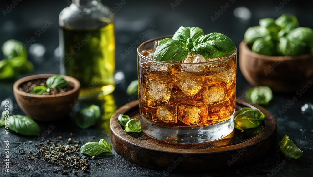 Iced basil tea drink, dark background, refreshment Iced basil tea drink, dark background, refreshment