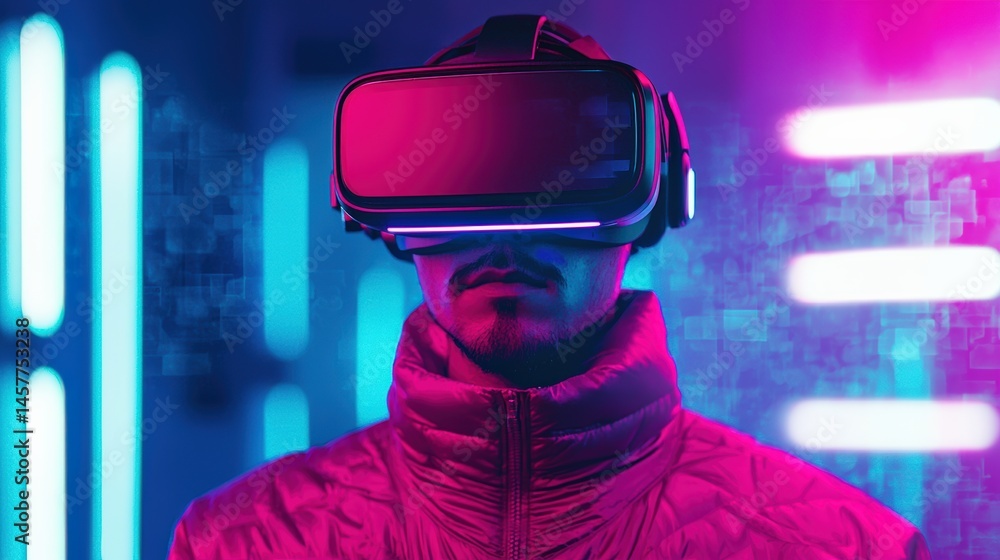 Gamer wearing vr headset exploring glowing neon sci-fi world Gamer wearing vr headset exploring glowing neon sci-fi world