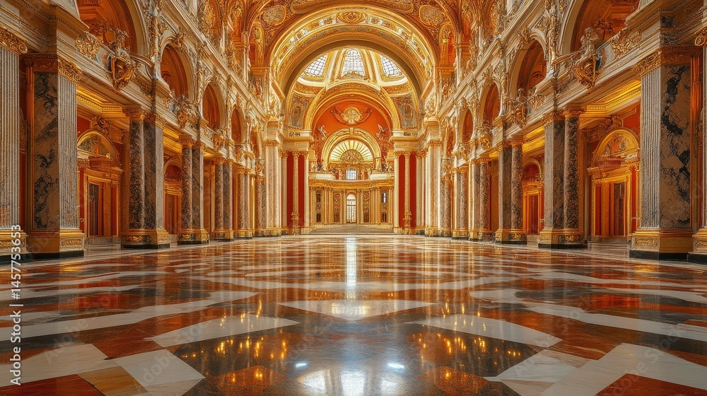 Obraz premium Opulent hall bathed in golden light, showcasing classic architecture with a reflective marble floor.