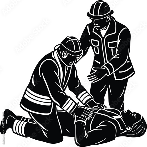 Firefighter vector Silhouette illustration Firefighter treating injured civilian