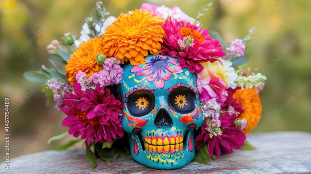 Day Of The Dead Vibrant Skull Adorned With Colorful Flowers For Festive Autumn Decor. Day Of The Dead Vibrant Skull Adorned With Colorful Flowers For Festive Autumn Decor.