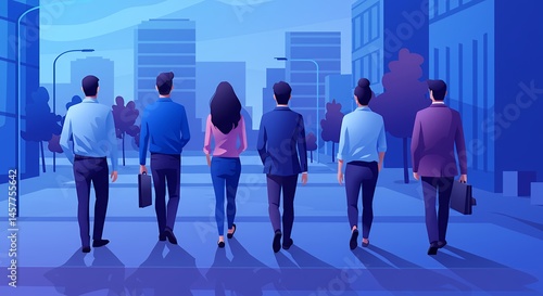 Business Team Walking Away in Blue Cityscape with Briefcases and Diverse Attire