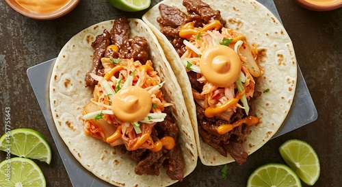 Soft corn tortillas filled with Korean bulgogi beef, kimchi slaw, and sriracha crema. Served on a metal taco stand with lime wedges