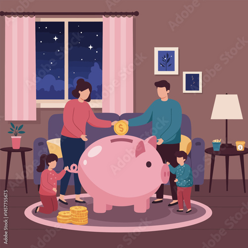 Family Saving Money Together at Home with Piggy Bank