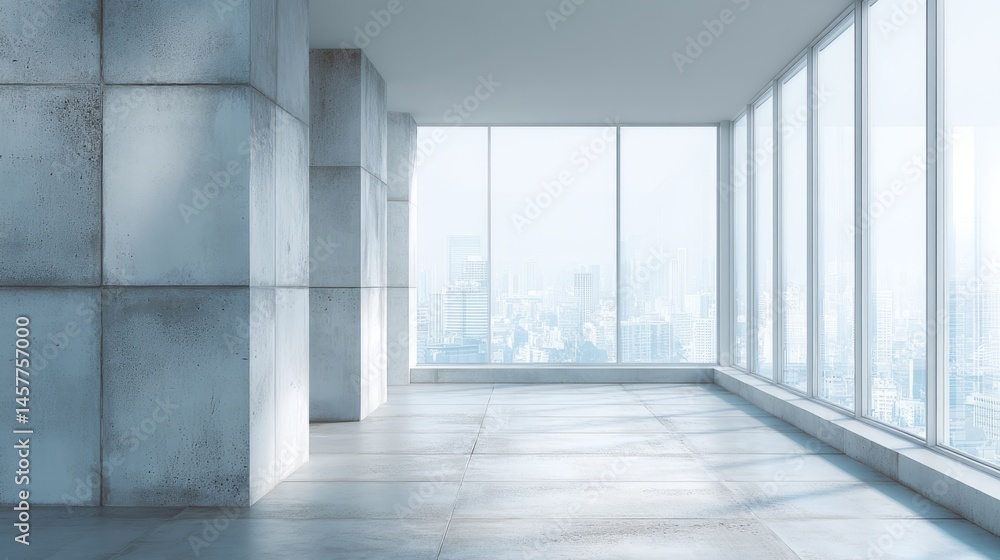 Minimalist concrete wall with large windows and soft light, embodying clean modern design in a simple office space
Minimalist concrete wall with large windows and soft light, embodying clean modern design in a simple office space