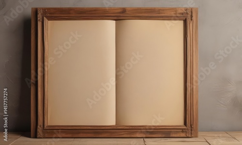 Blank vertical photo album mockup; open pages, rustic wood frame, nostalgic feel,  nostalgic,  pages,  wooden frame