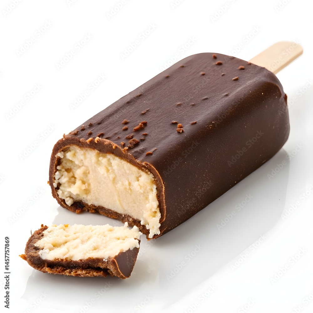 Delicious chocolate covered ice cream bar dessert with a creamy cottage cheese filling on white background Delicious chocolate covered ice cream bar dessert with a creamy cottage cheese filling on white background