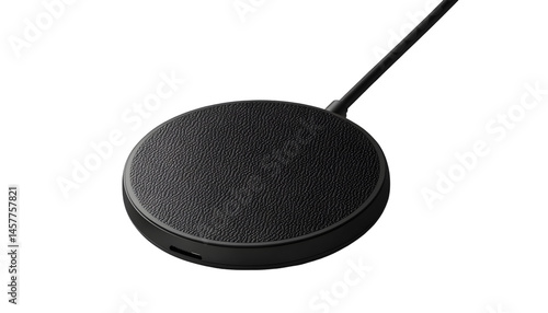 Round black wireless charging pad with textured surface and extending arm