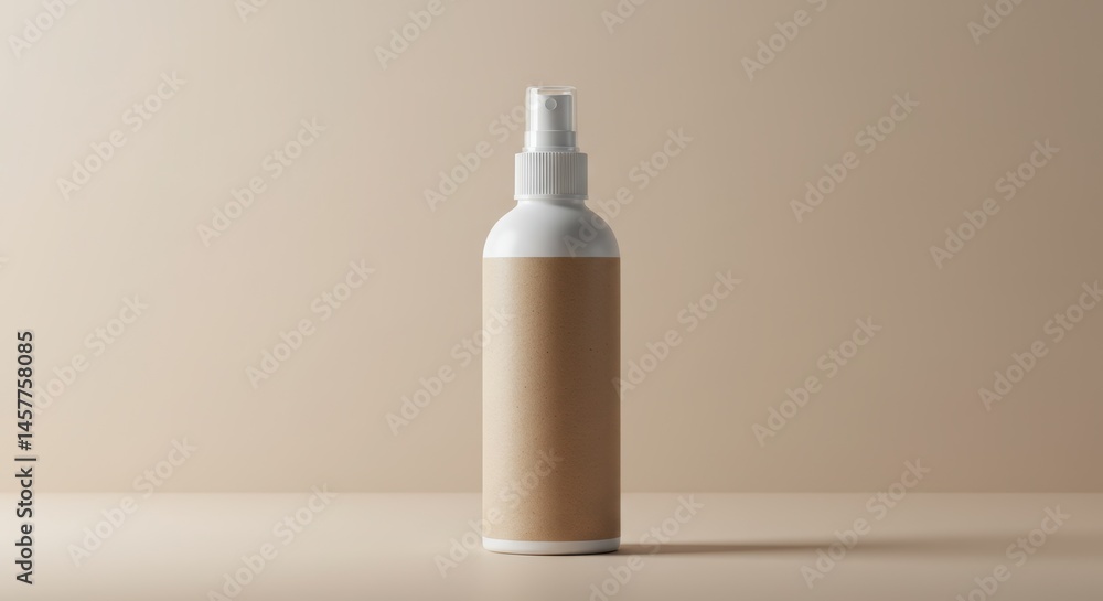 Spray Bottle with Brown Label on Beige Background Spray Bottle with Brown Label on Beige Background