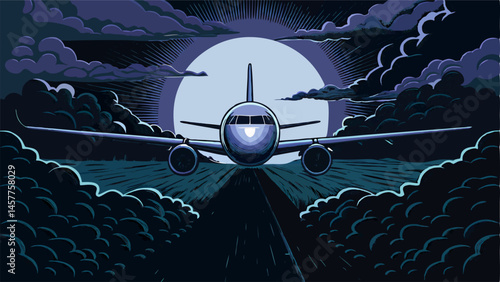 Airplane Taking Off at Night, Moonlit Sky Illustration