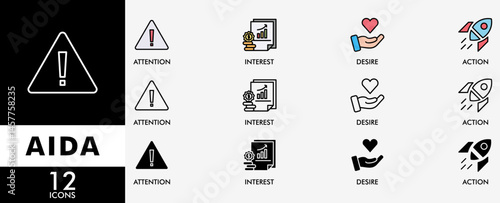 AIDA icon set with various styles and colors promotion, target, vision, store, ecommerce, and buying icon live stroke and easy to edit
