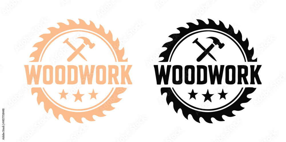 Woodwork Logo Badges Set with Saw Blade and Hammer Woodwork Logo Badges Set with Saw Blade and Hammer
