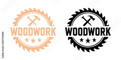 Woodwork Logo Badges Set with Saw Blade and Hammer