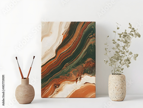 Abstract painting in earthy tones.  Modern art piece displayed on a white surface with decorative elements