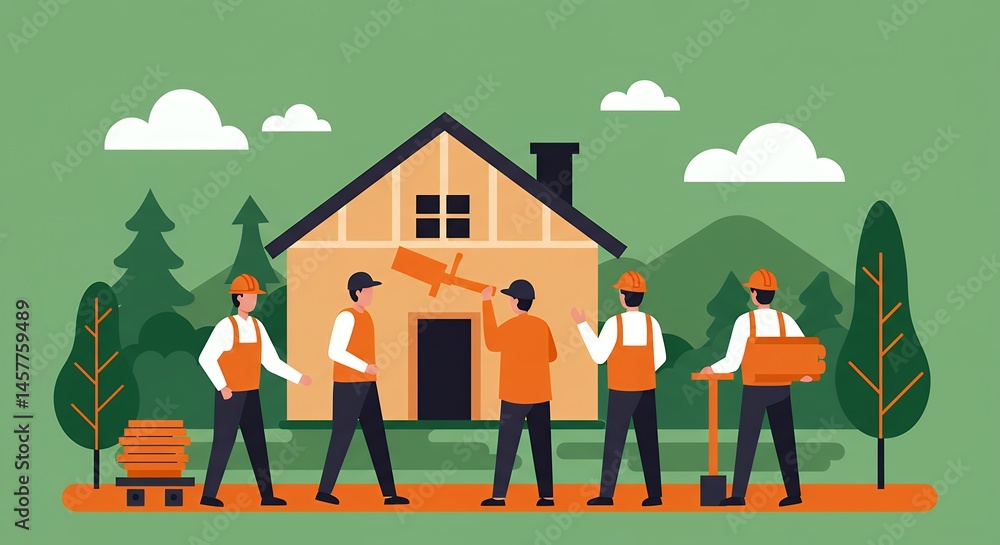 Construction Crew Assembling Prefabricated House in a Forest Landscape with Clouds Construction Crew Assembling Prefabricated House in a Forest Landscape with Clouds