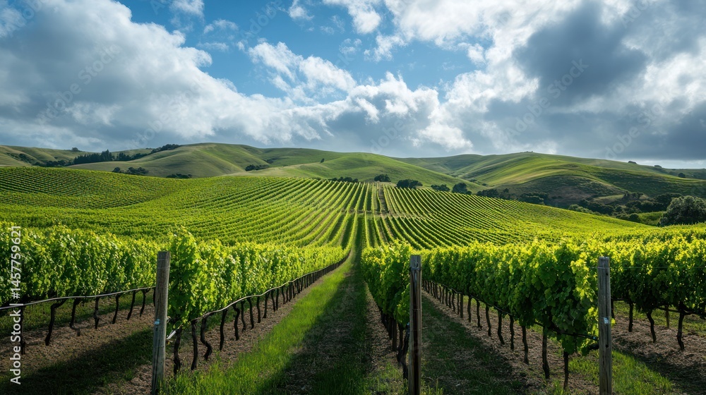 Naklejka premium Vineyard Landscape with Rolling Hills and Dynamic Cloudy Sky in the Background